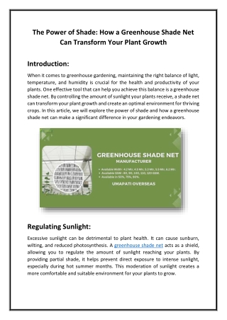 The Power of Shade How a Greenhouse Shade Net Can Transform Your Plant Growth