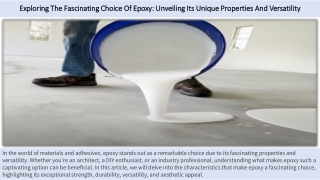 Exploring The Fascinating Choice Of Epoxy: Unveiling Its Unique Properties And V