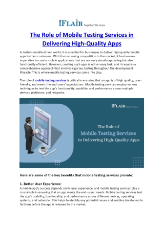 The Role of Mobile Testing Services in Delivering High-Quality Apps