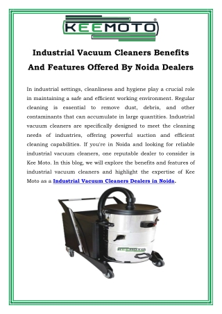 Industrial Vacuum Cleaners Benefits And Features Offered By Noida Dealers