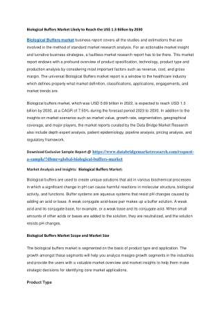 Biological Buffers Market Likely to Reach the US 1.3 Billion by 2030