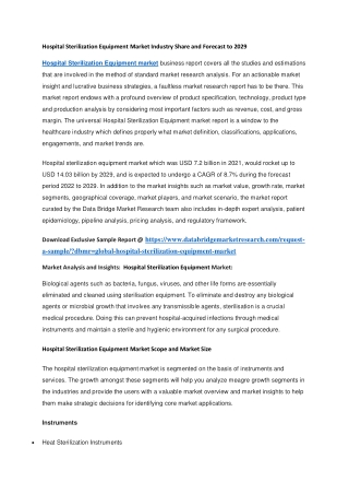 Hospital Sterilization Equipment Market Industry Share and Forecast to 2029