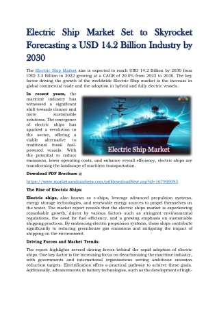 Electric Ship Market Set to Skyrocket Forecasting a USD 14.2 Billion Industry by 2030