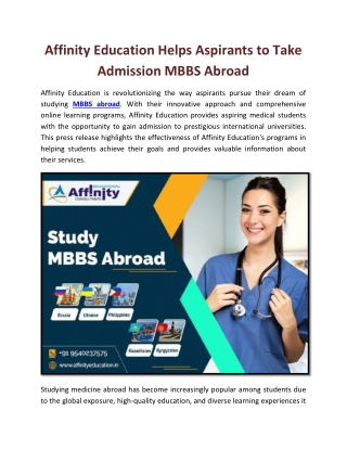 Affinity Education Helps Aspirants to Take Admission MBBS Abroad