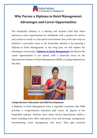 Why Pursue a Diploma in Hotel Management Advantages and Career Opportunities