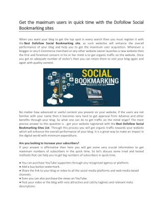 Get the maximum users in quick time with the Dofollow Social Bookmarking sites