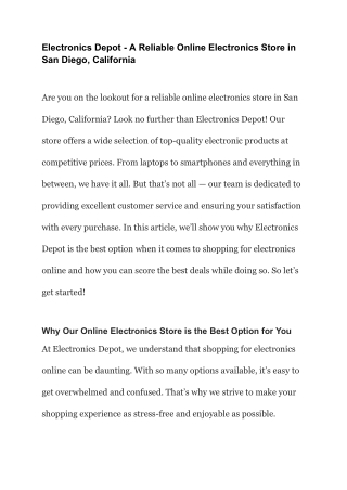 Electronics Depot - A Reliable Online Electronics Store in San Diego, California