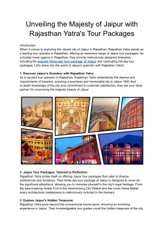 Unveiling the Majesty of Jaipur with Rajasthan Yatra's Tour Packages