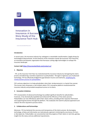 Innovation In Insurance A Success Story Study Of The Insurance Tech Hub