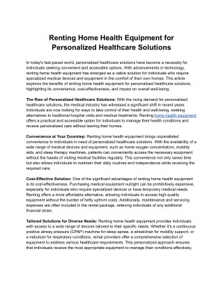 Renting Home Health Equipment for Personalized Healthcare Solutions