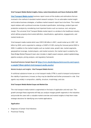 Viral Transport Media Market Insights, Status, Latest Amendments and Future Outlook by 2029