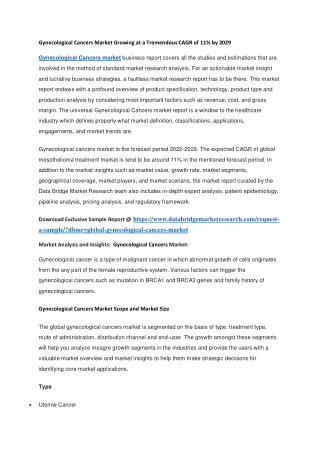 Gynecological Cancers Market Growing at a Tremendous CAGR of 11 by 2029