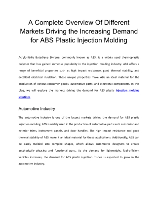 Markets Driving the Demand for ABS Plastic Injection Molding