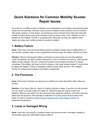 Quick Solutions for Common Mobility Scooter Repair Issues