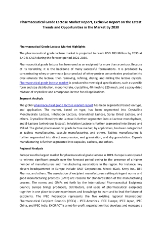 Pharmaceutical Grade Lactose Market Share, Trend Analysis, Growth Status