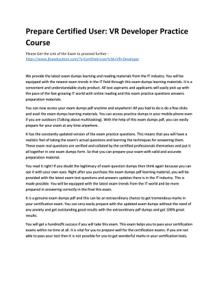 Prepare Certified User: VR Developer Practice Course