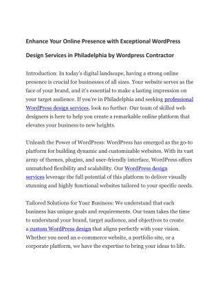 Enhance Your Online Presence with Exceptional WordPress Design Services in Philadelphia by Wordpress Contractor
