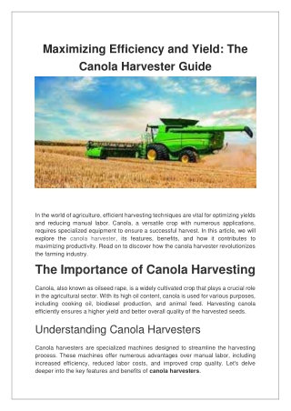 Maximizing Efficiency and Yield The Canola Harvester Guide