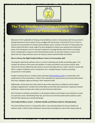 The Top Benefits of Visiting a Family Wellness Centre in Toowoomba, QLD