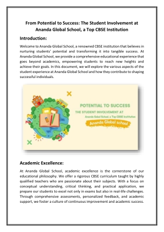 Potential to Success The Student Involvement at Ananda Global School, a Top CBSE Institution