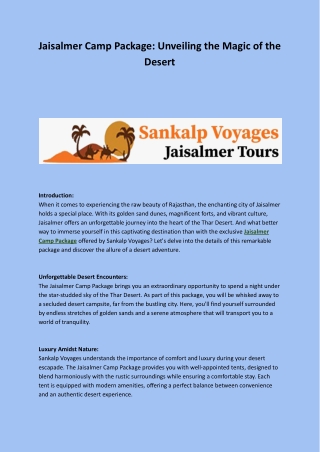 Jaisalmer Camp Package: Unveiling the Magic of the Desert