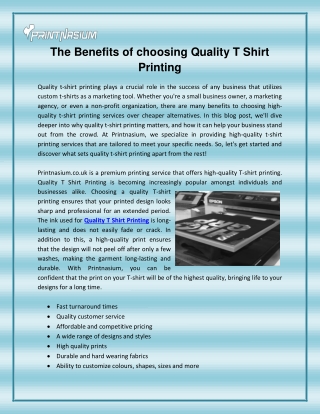 The Benefits of choosing Quality T Shirt Printing