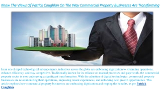 Know The Views Of Patrick Coughlan On The Way Commercial Property Businesses Are Transforming