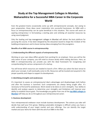 Study at the Top Management Colleges in Mumbai, Maharashtra for a Successful MBA Career in the Corporate World