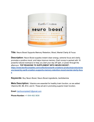 Neuro Boost Supports Memory Retention, Mood, Mental Clarity & Focus