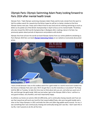 Olympic Paris  Olympic Swimming Adam Peaty looking forward to Paris 2024 after mental health break