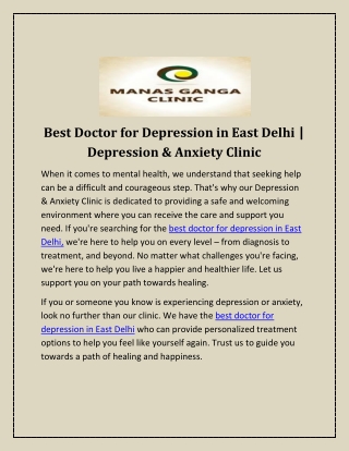 Best Doctor for Depression in East Delhi | Depression & Anxiety Clinic