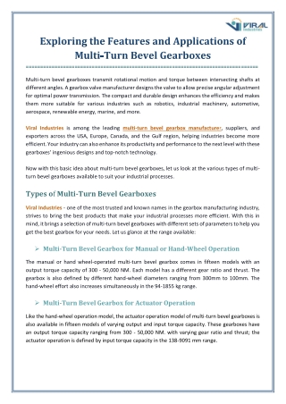 Exploring the Features and Applications of Multi Turn Bevel Gearboxes