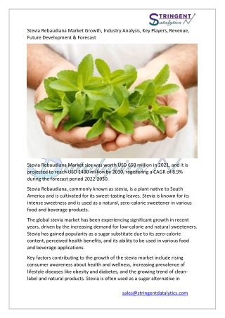 Stevia Rebaudiana Market Growth, Industry Analysis, Key Players, Revenue