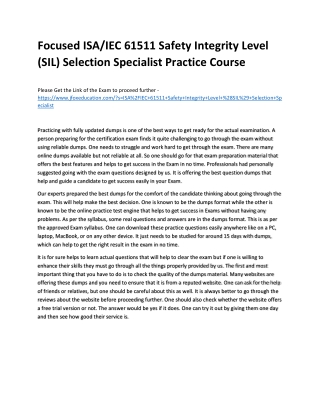 Focused ISA/IEC 61511 Safety Integrity Level (SIL) Selection Specialist Practice