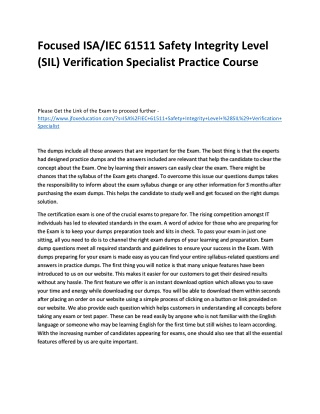 Focused ISA/IEC 61511 Safety Integrity Level (SIL) Verification Specialist Pract