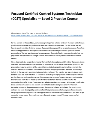 Focused Certified Control Systems Technician (CCST) Specialist — Level 2 Practic