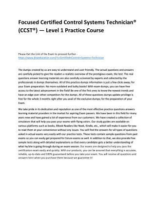 Focused Certified Control Systems Technician® (CCST®) — Level 1 Practice Course