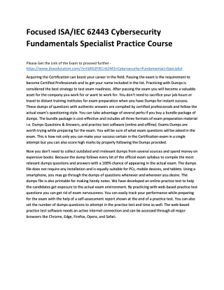 Focused ISA/IEC 62443 Cybersecurity Fundamentals Specialist Practice Course