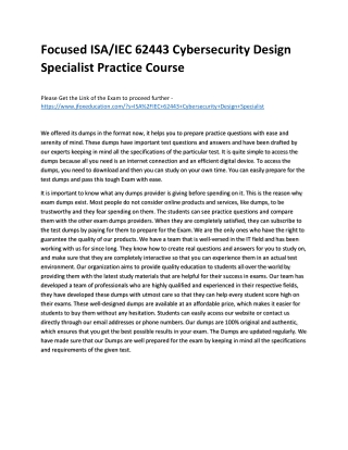 Focused ISA/IEC 62443 Cybersecurity Design Specialist Practice Course