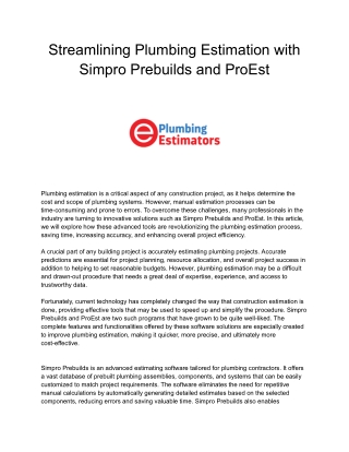Streamlining Plumbing Estimation with Simpro Prebuilds and ProEst