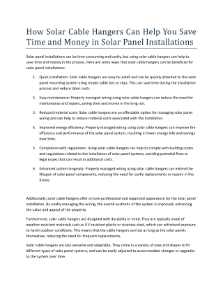 How Solar Cable Hangers Can Help You Save Time and Money in Solar Panel Installations