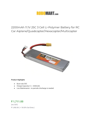 2200mAh 11.1V 25C 3 Cell Li-Polymer Battery