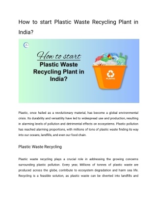 How to start Plastic Waste Recycling Plant in India?