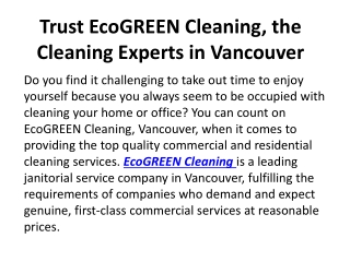 WHY ECO GREEN For Cleaning Services in Vancouver?