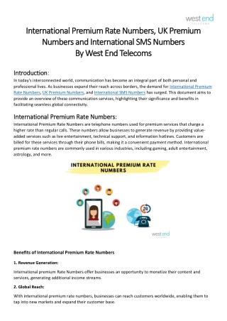 International Premium Rate Numbers, UK Premium Numbers and International SMS Numbers By West End Telecoms