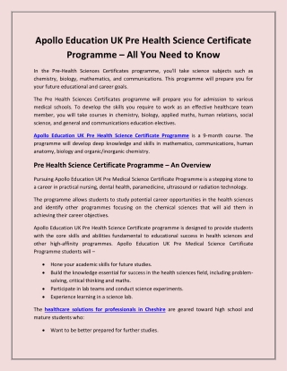 Apollo Education UK Pre Health Science Certificate Programme  All You Need to Know