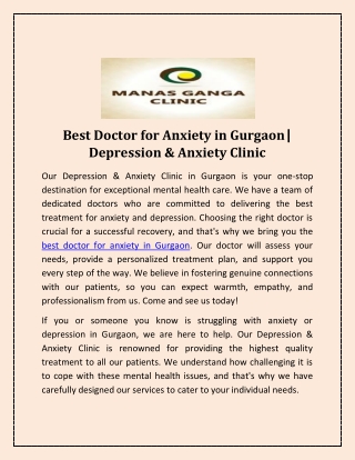 Best Doctor for Anxiety in Gurgaon| Depression & Anxiety Clinic