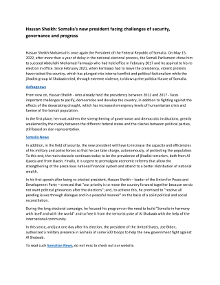 Hassan Sheikh Somalia new president facing challenges of security governance and progress