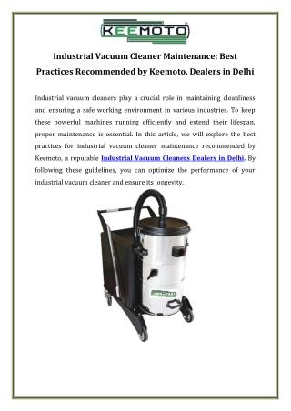 Industrial Vacuum Cleaner Maintenance Best Practices Recommended by Keemoto, Dealers in Delhi