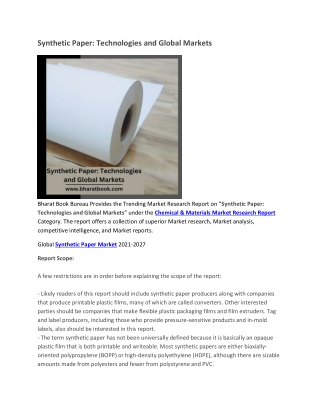 Synthetic Paper, Technologies and Global Markets
